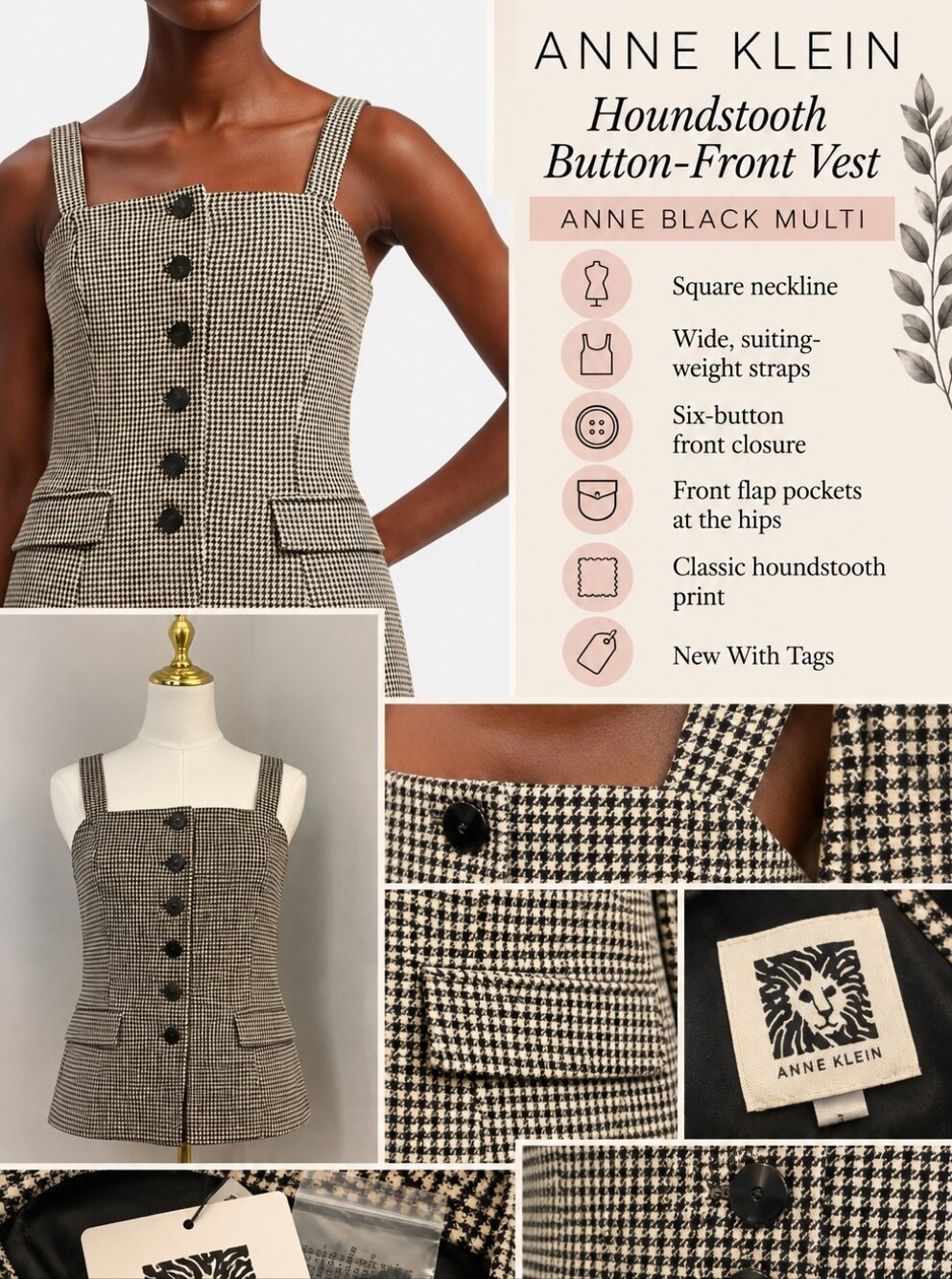 NWT Anne Klein Black Multi Houndstooth Button-Front Vest